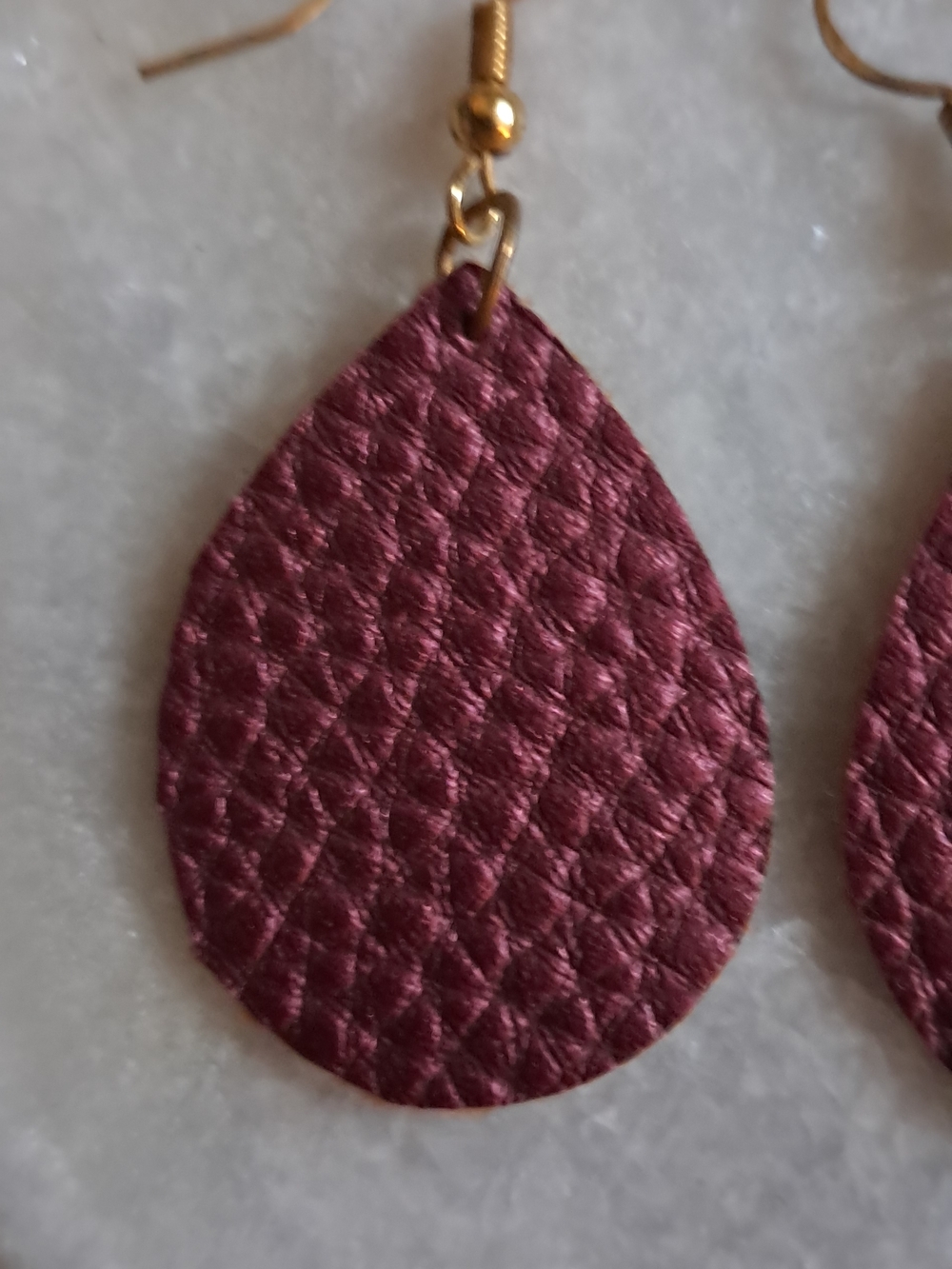 Leather Teardrop Dangle Earrings - Burgundy - Picture 2 of 2